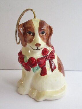 Beagle Dog with Red Bow & Roses Bell Ceramic Ornament Midwest of Cannon Falls